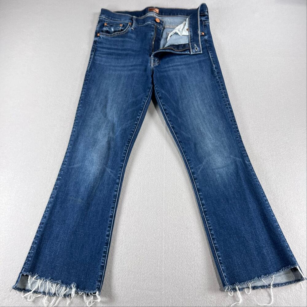 MOTHER The Insider Crop Step Fray Jeans Teaming Up Blue Bootcut Stretch Size 31